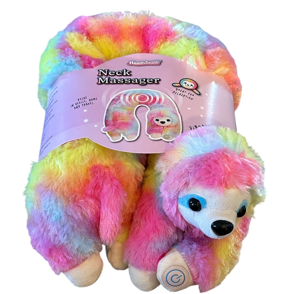 HealthTouch Rainbow Sloth Neck Massager Vibrating Travel Pillow Plush NEW